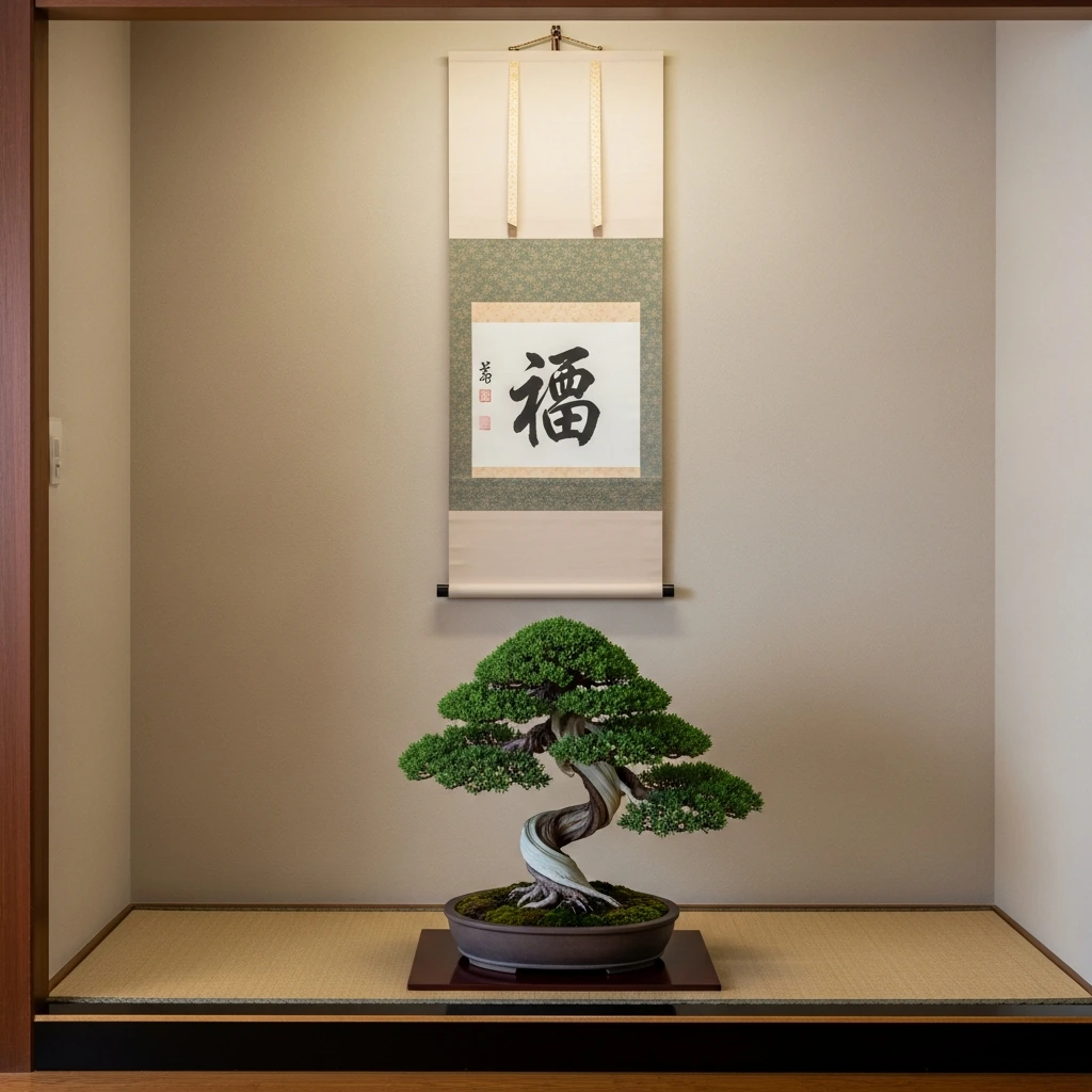 A tokonoma, a recessed alcove, with its floor raised slightly above the tatami mat. A single vertical hanging scroll, a kakejiku, depicts a simple calligraphy character for 'tranquility' in bold, black ink. Below it, a meticulously pruned juniper bonsai tree sits in a shallow, unglazed earthenware pot, its gnarled trunk and deep green needles suggesting age and resilience.
