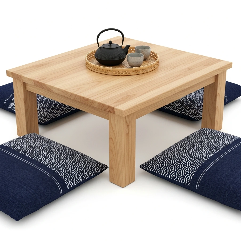A low, rectangular chabudai table made of solid, light-grained keyaki wood with a natural, matte finish. Surrounding the table are four square zabuton floor cushions covered in a deep indigo fabric with a subtle, white sashiko-stitched wave pattern. On the table rests a simple cast-iron teapot (tetsubin) and two small, handleless ceramic yunomi cups on a woven bamboo tray.