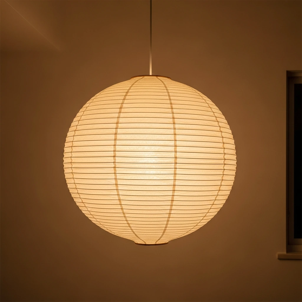 An akari light sculpture, designed by Isamu Noguchi, hanging from the ceiling. The large, spherical lantern is constructed from handmade washi paper stretched over a thin bamboo ribbing, emitting a warm, diffuse, and moon-like glow that creates a soft and serene ambiance throughout the living space.