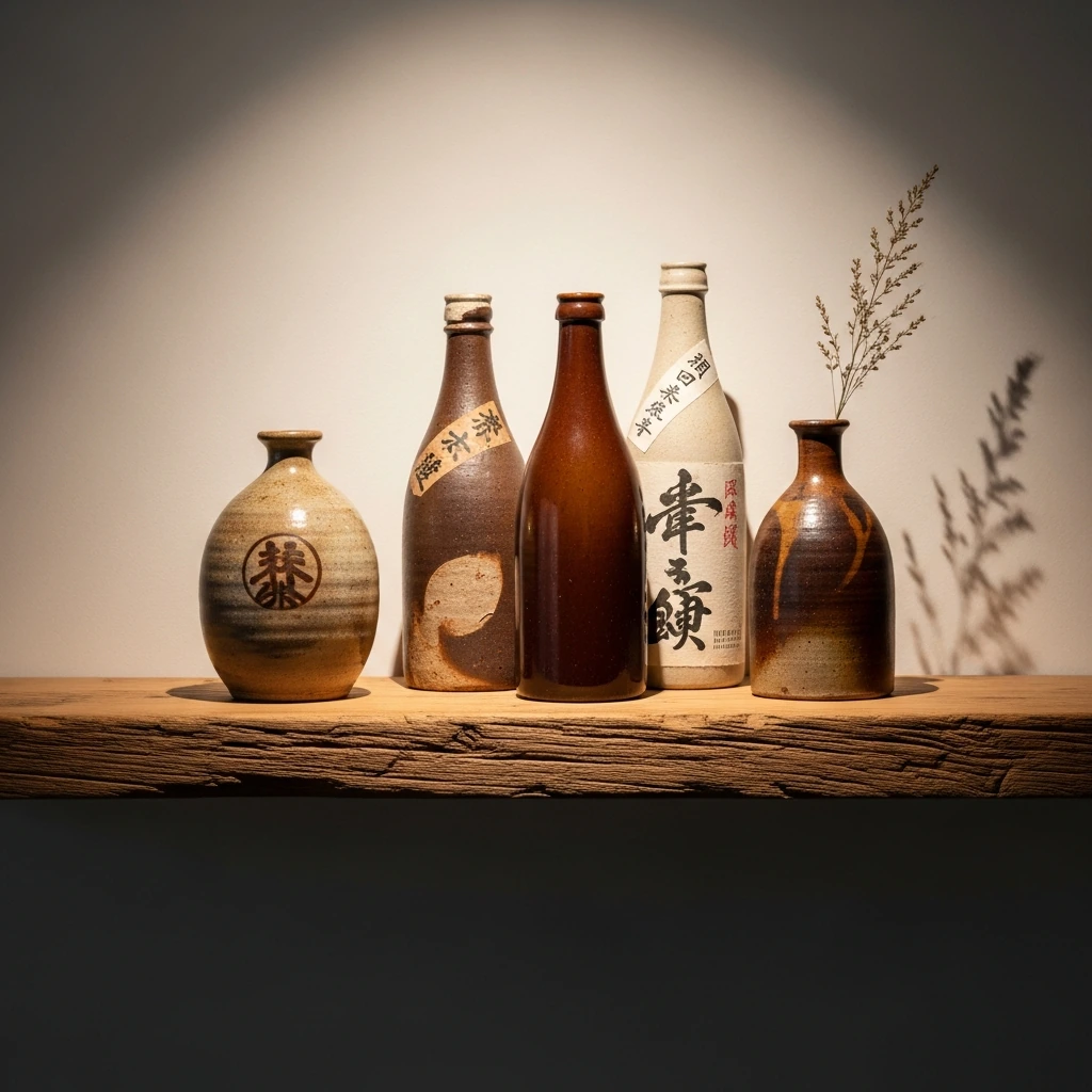 A set of three antique, earthenware sake bottles (tokkuri) displayed on a floating shelf made of reclaimed cypress wood. Each bottle has a unique, slightly irregular shape and a distinct glaze—one a deep celadon green, another a crackled cream, and the third a rich, dark tenmoku brown. They are arranged in a visually balanced, asymmetrical cluster.