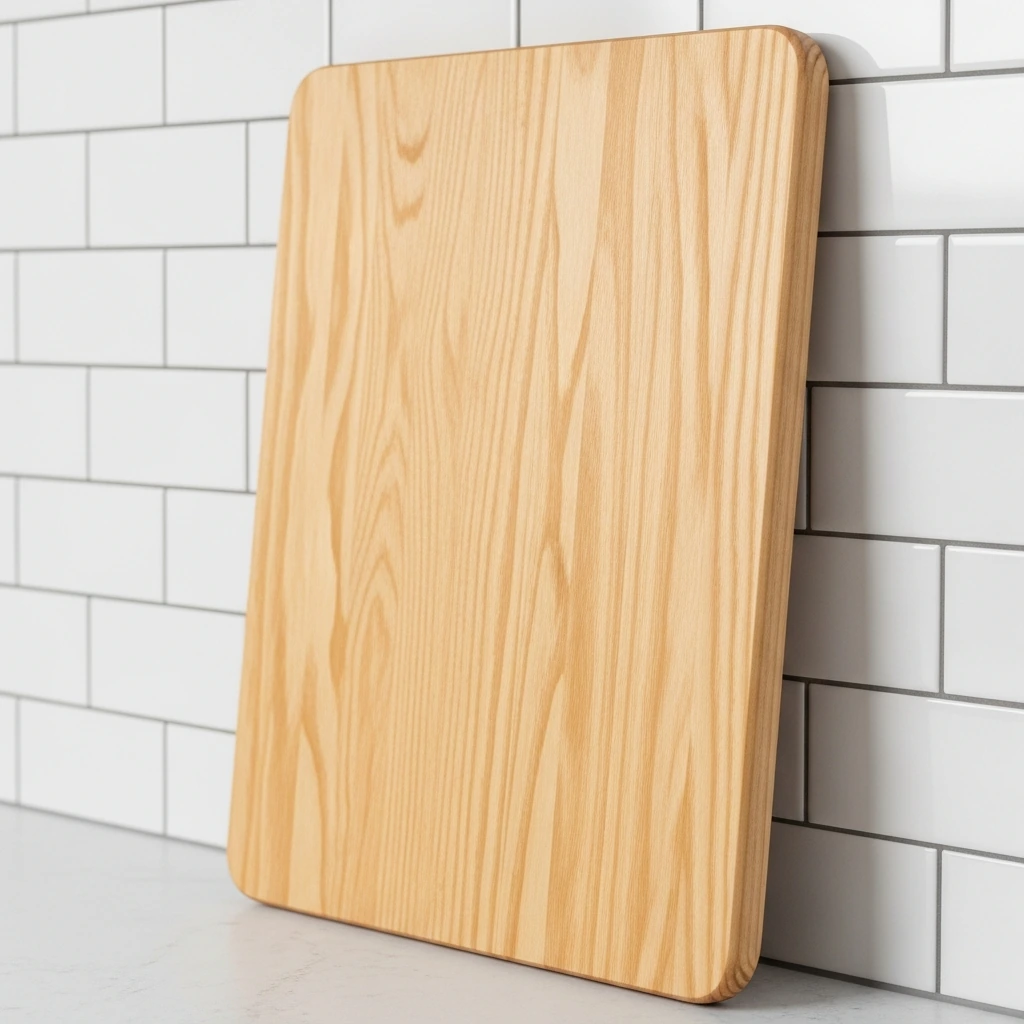 A large, thick rectangular cutting board made from light, unfinished birch wood, leaning casually against a white tiled backsplash. It has a slightly rounded edge and visible wood grain, conveying a sense of natural simplicity and functionality.