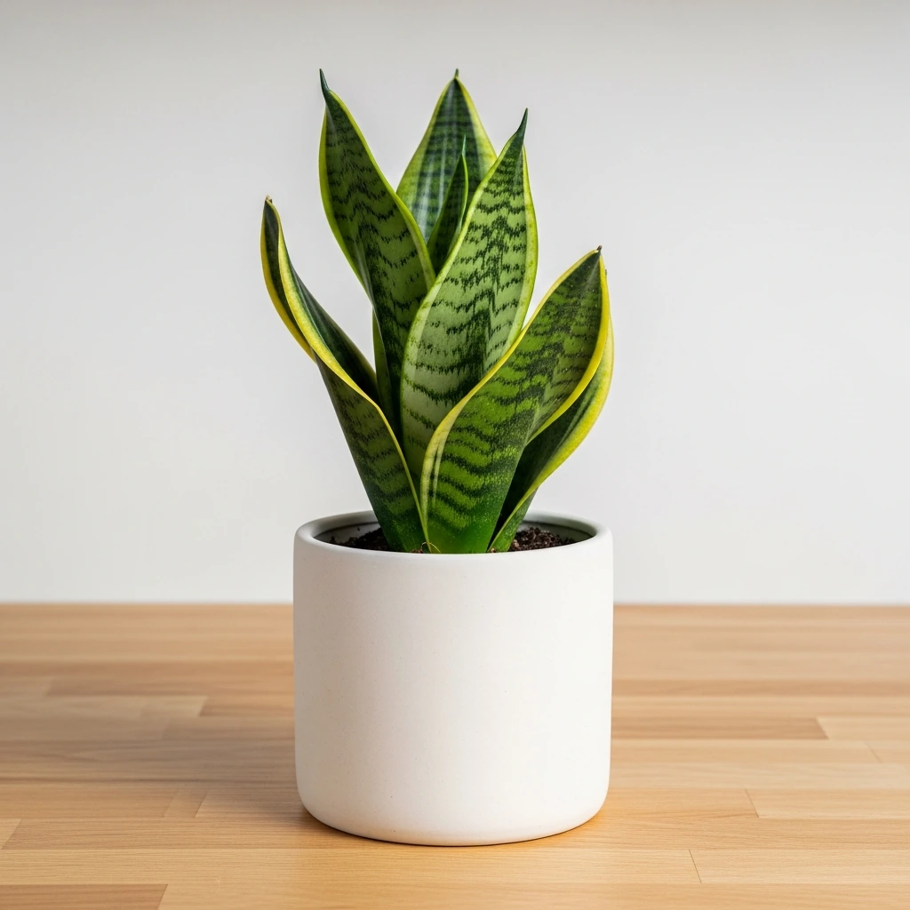 A small, cylindrical matte white ceramic planter holding a vibrant, dark green snake plant. The planter has a smooth, unglazed finish and sits on a light wooden countertop, adding a touch of living nature without clutter.