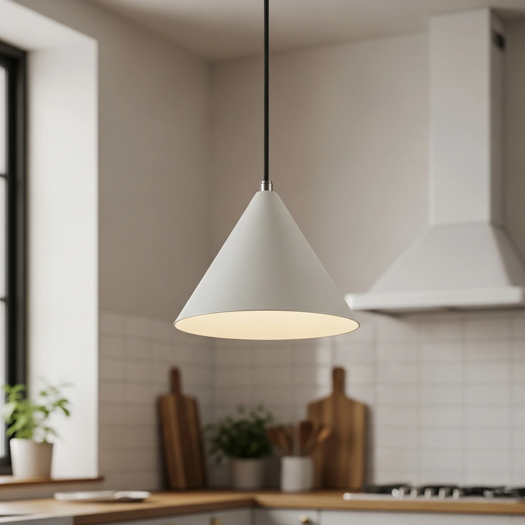 A single, sleek pendant light with a conical shade made from brushed matte white metal, suspended by a thin black fabric cord over a kitchen island. Its design is minimalist and provides focused, warm illumination.