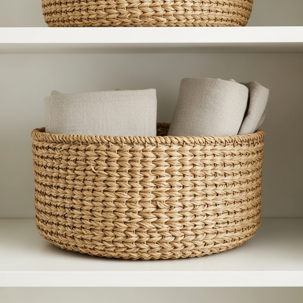A handcrafted, tightly woven round basket made from natural light-colored rattan or seagrass, placed on an open shelf. It contains neatly folded neutral-toned kitchen linens, showcasing a blend of texture and practical storage.