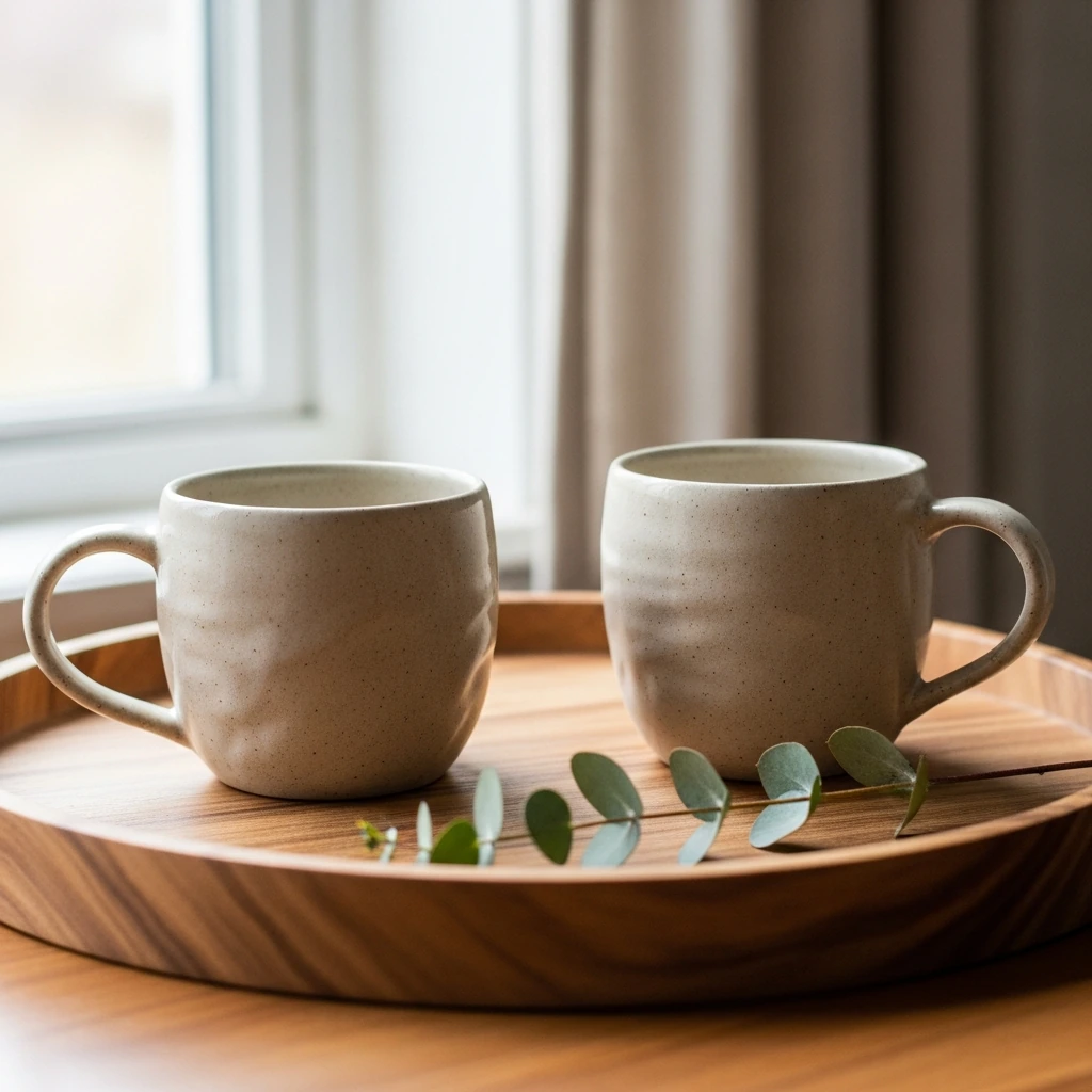 A pair of handcrafted stoneware mugs in a soft, earthy beige color with a subtle matte finish and organic, slightly imperfect shapes. They sit on a wooden tray next to a small, fresh sprig of eucalyptus, embodying cozy hygge aesthetics.