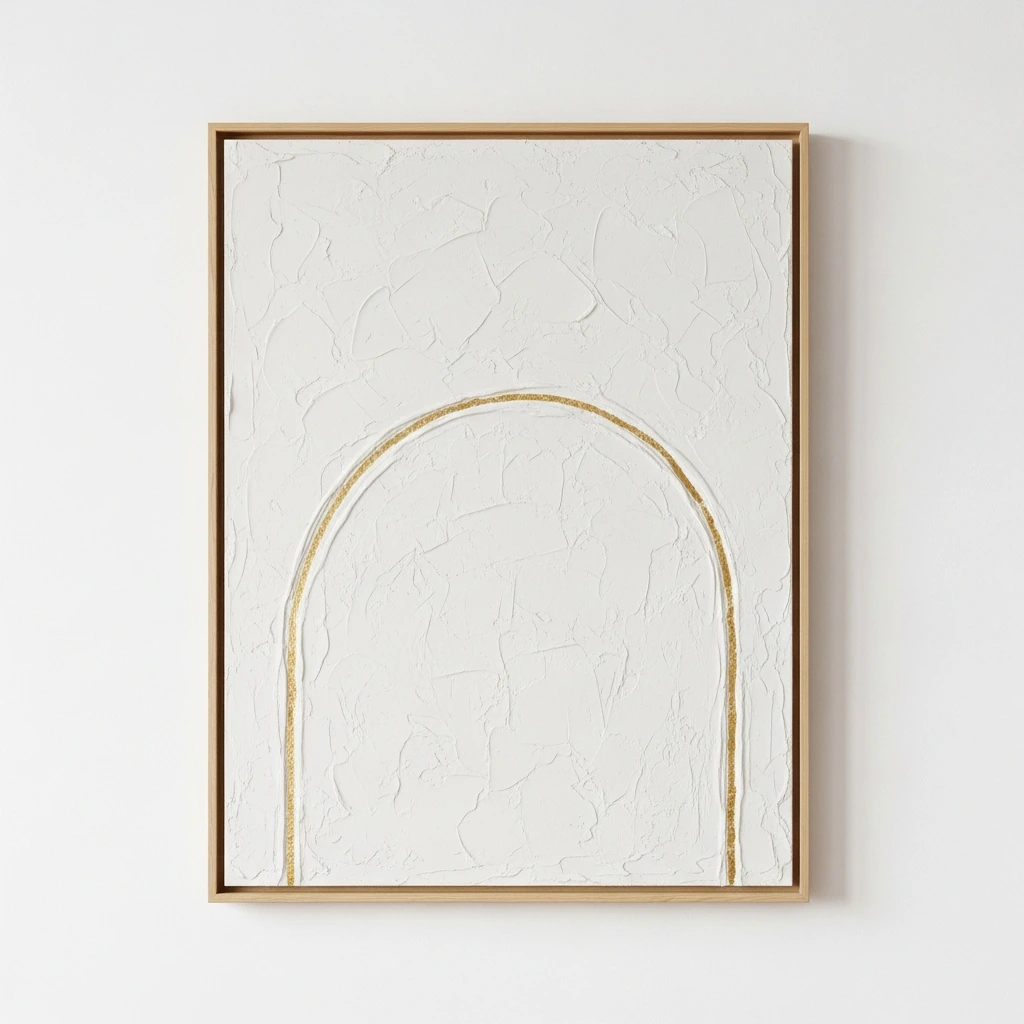 A large, rectangular piece of wall art featuring a thick, textured application of plaster on canvas. The plaster is an off-white color, sculpted into a gentle, minimalist arc that creates subtle shadows. A single, thin line of gold leaf is delicately applied across the curve, catching the light and adding a touch of understated luxury. The entire piece is mounted in a simple, light oak floating frame.