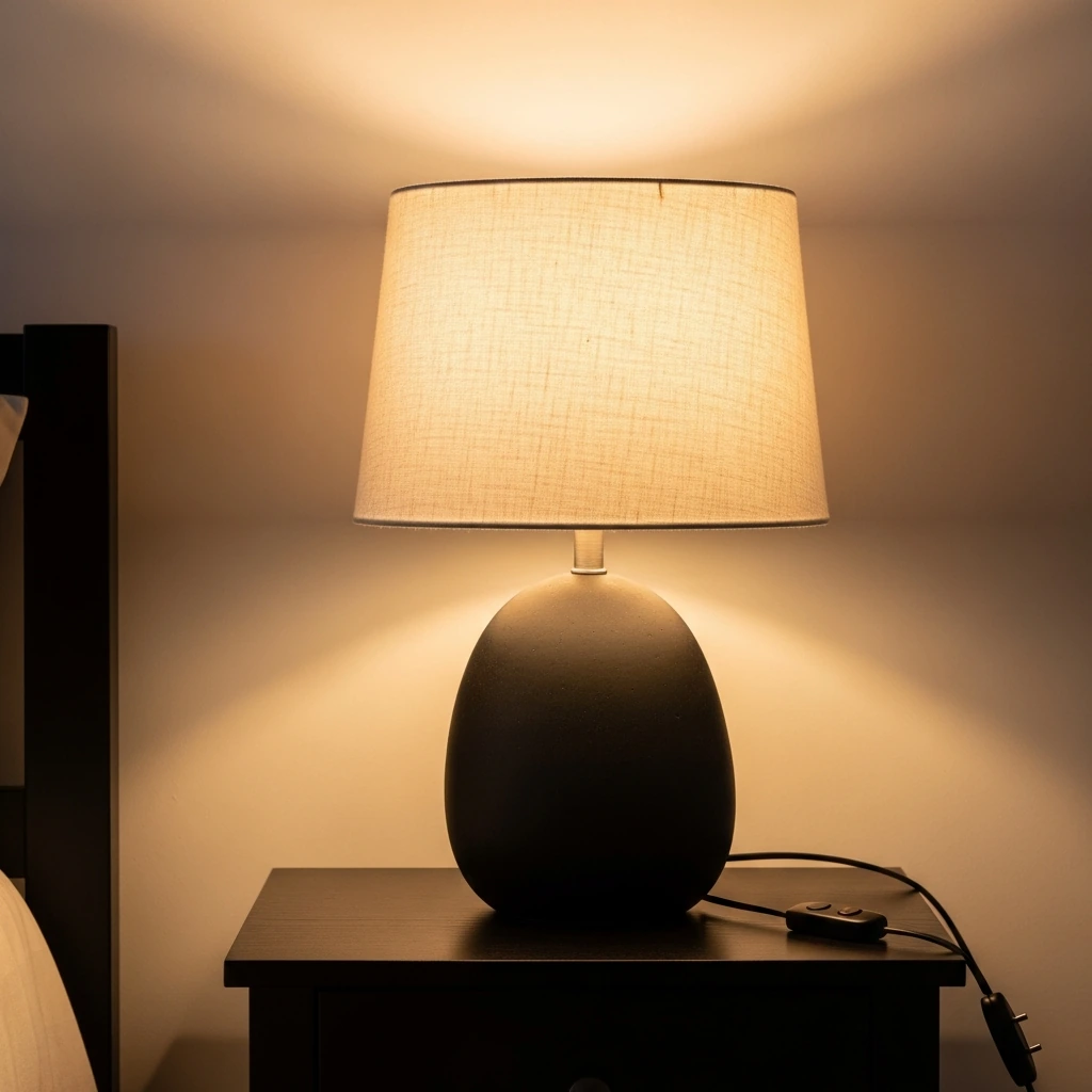 A bedside table lamp with a solid, matte black ceramic base in a smooth, pebble-like organic shape. It's topped with a crisp, natural linen drum shade that emits a warm, diffused, and gentle glow. The lamp has no visible switches on the base; it is operated by a subtle, cloth-covered black cord with an inline dimmer, emphasizing its clean and uncluttered design.