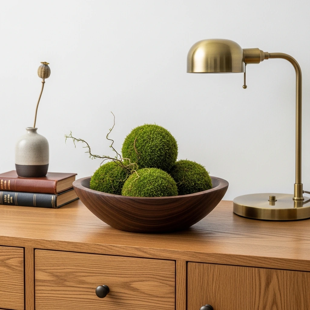 A long, shallow decorative bowl carved from a single piece of dark walnut wood, placed on a dresser. The bowl has a smooth, hand-sanded finish that highlights the natural grain of the wood. Inside, it holds three moss balls of varying sizes, providing a touch of biophilic design and a pop of muted green color against the dark wood.