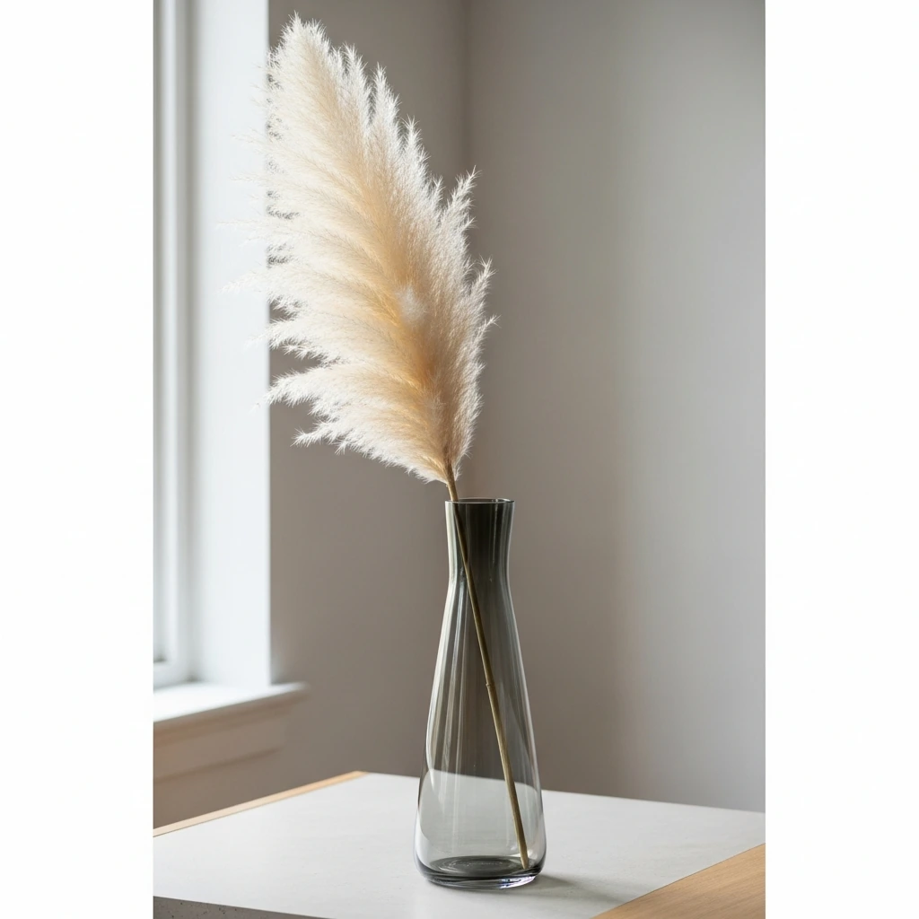 A single, tall, slender glass vase with a slightly smoky grey tint. The vase has an elegant, minimalist silhouette, wider at the base and tapering towards the top. Inside, there is a single, dramatic branch of dried pampas grass with a large, fluffy, cream-colored plume, creating a strong vertical element and adding soft texture to the room.
