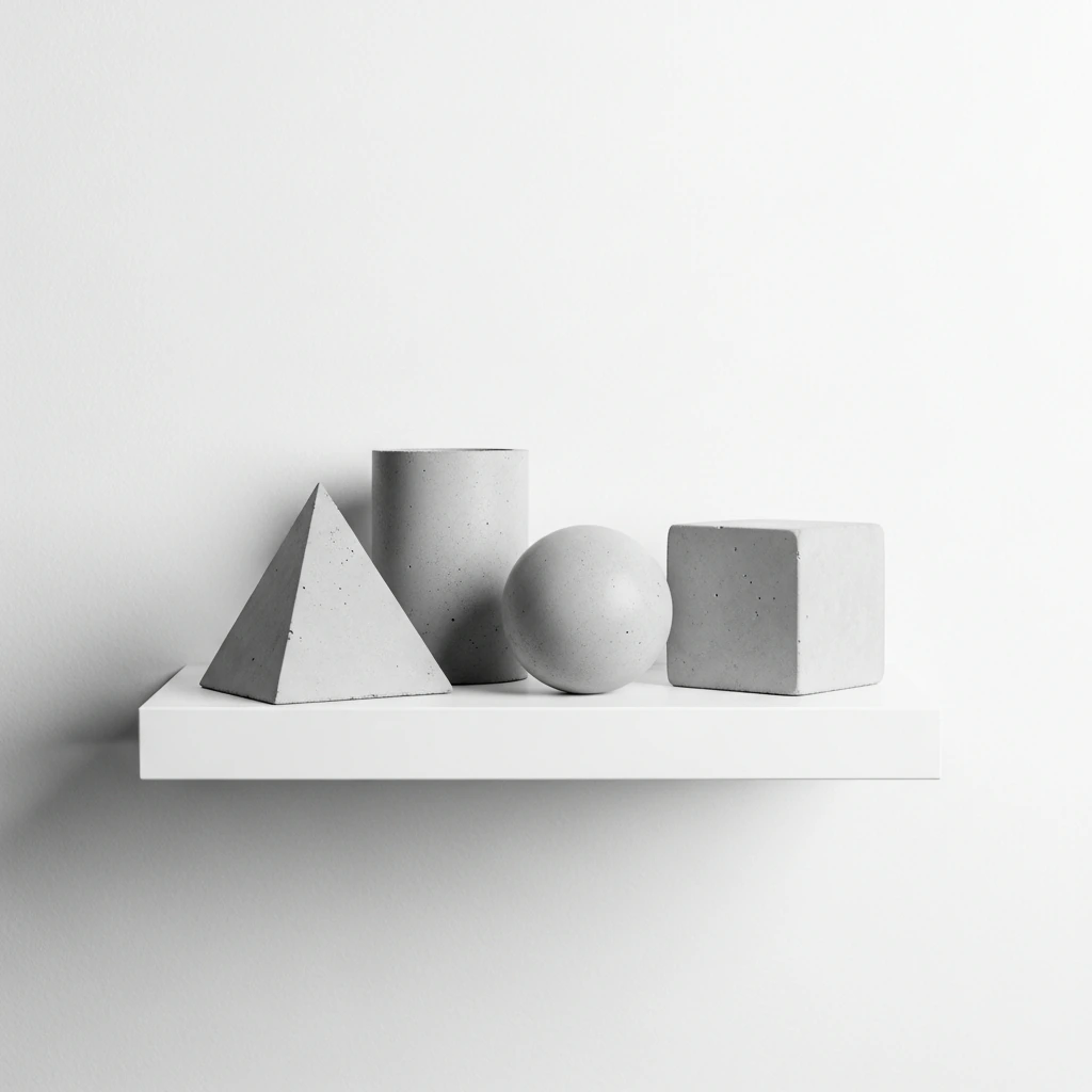 A set of three small, sculptural objects made from light grey, smooth concrete, arranged on a floating wall shelf. One is a perfect sphere, another is a cube, and the third is a small pyramid. Their simple geometric forms and industrial texture create a sophisticated, architectural focal point against a plain white wall.