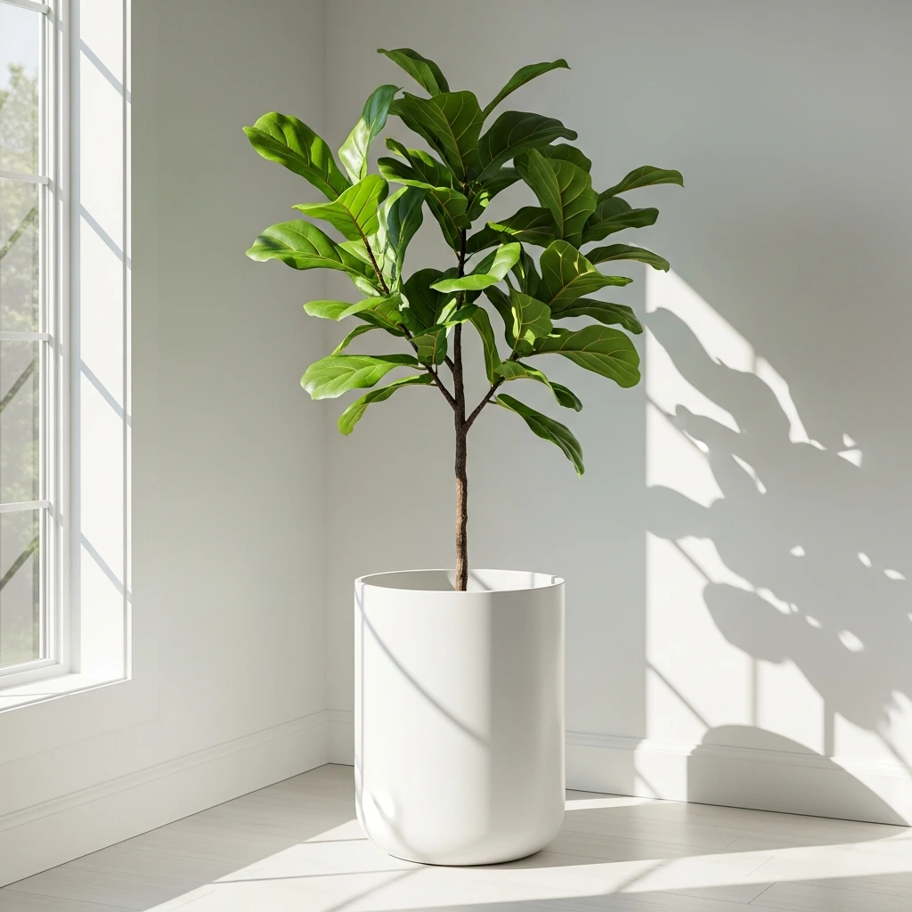 A minimalist floor planter housing a Fiddle Leaf Fig tree with large, vibrant green, waxy leaves. The planter is a tall, cylindrical pot made of a lightweight, matte white fiberglass material, giving it a seamless, modern look. It is placed in a sunlit corner of the room, bringing life and a natural element into the serene space.