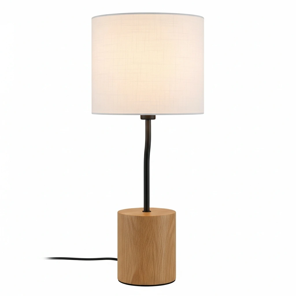 A minimalist bedside table lamp featuring a solid cylindrical base of light oak wood. A slim, matte black metal stem curves elegantly upwards, holding a simple drum shade made of white linen fabric that emits a soft, warm glow. The lamp is touch-activated on its wooden base for a clean, switchless design.