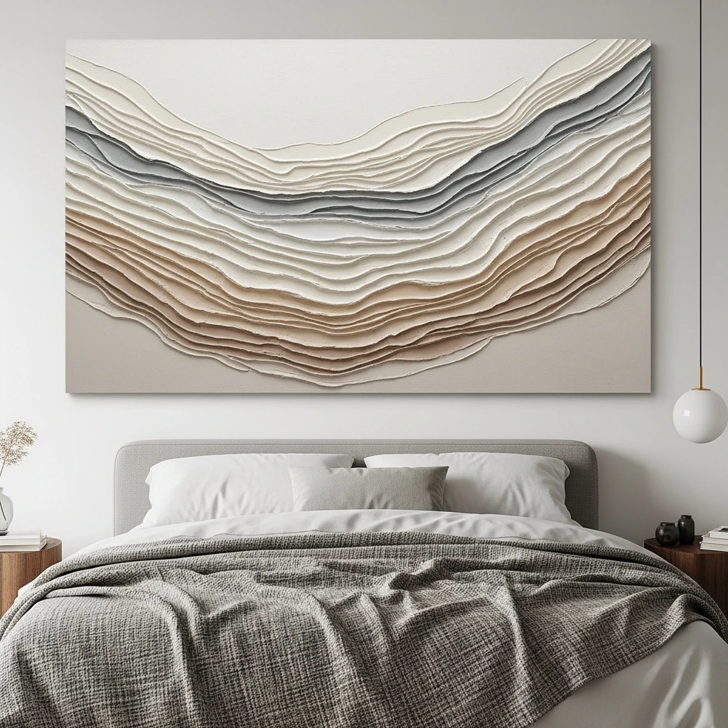 A large, oversized abstract art piece hanging above a low-profile headboard. The canvas is heavily textured with plaster and acrylic paint, showcasing a subtle interplay of off-white, beige, and soft grey tones in a sweeping, wabi-sabi inspired composition. The art is frameless, with the texture wrapping around the deep edges.