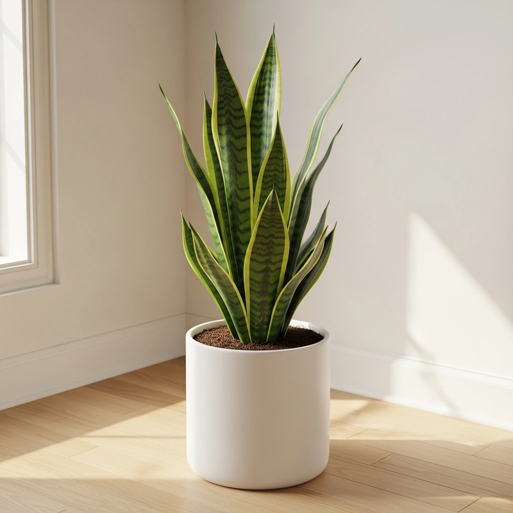 A tall, sculptural Sansevieria (snake plant) with deep green, variegated leaves, potted in a cylindrical, matte white ceramic planter. The planter has a clean, straight-sided silhouette and sits directly on the light hardwood floor in a sunlit corner, adding a touch of organic life and vertical interest to the space.