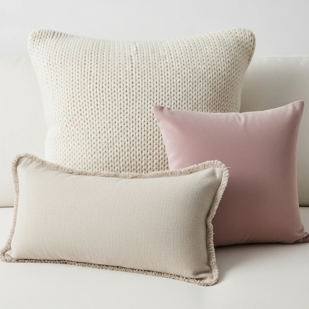 A set of three decorative pillows arranged on the bed. The back pillow is a large square in a chunky, cream-colored wool knit. In front is a rectangular lumbar pillow made of natural, un-dyed oatmeal linen with a subtle frayed edge. The final accent is a smaller square pillow in a muted, dusty rose velvet, providing a single touch of soft color.