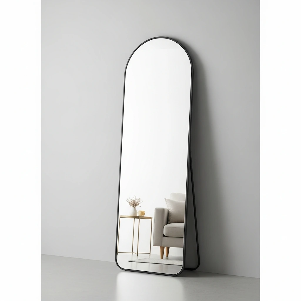 A sleek, full-length floor mirror with a very thin, rounded black metal frame. The mirror has a modern arched top, creating a soft silhouette. It leans casually against a plain, light grey wall, reflecting the room and amplifying natural light to make the space feel larger and brighter.