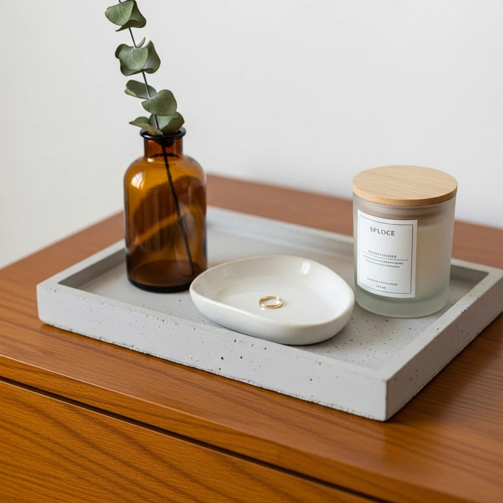 A decorative tray made of light grey polished concrete, placed on a wooden dresser. Its surface is smooth with natural imperfections. The tray holds a small, amber glass bottle with a single dried eucalyptus stem, a minimalist ceramic ring dish, and a scented candle in a simple frosted glass jar with a wooden lid.