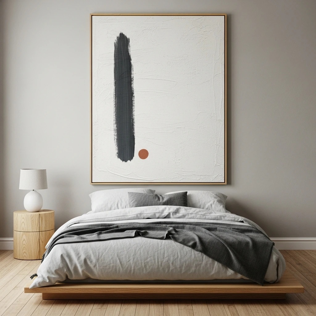 A large, vertically oriented abstract canvas hangs above a simple platform bed. The artwork features a textured, off-white background with a single, bold brushstroke of charcoal gray and a small, muted terracotta dot for accent. The frame is made of thin, natural light oak, complementing the hardwood floor.