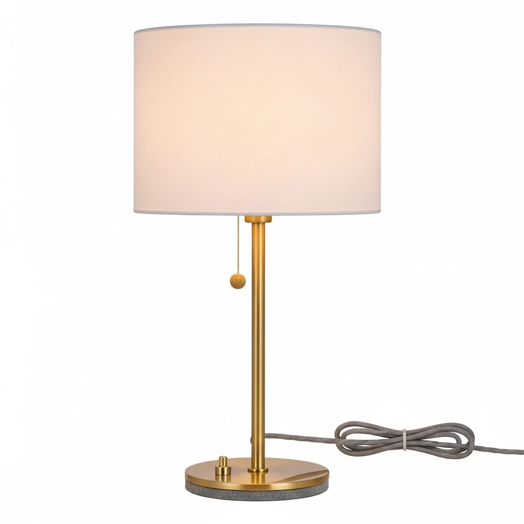 A sleek bedside lamp with a solid, cylindrical base crafted from white marble with delicate gray veining. A thin, brushed brass stem supports a crisp, white linen drum shade. The lamp casts a warm, soft, and inviting glow, perfect for evening reading.