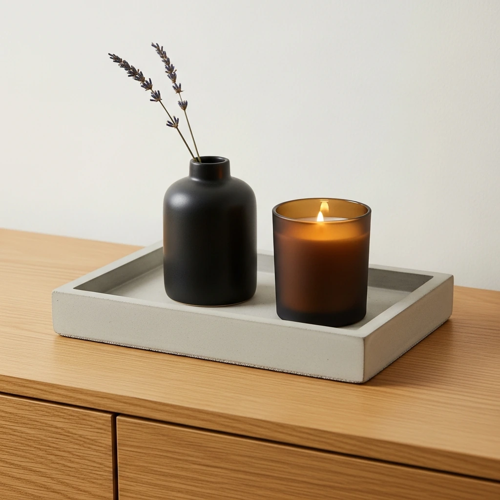 On a light wood dresser, a shallow, circular concrete tray holds a few curated items. Inside the tray sits a small, matte black ceramic vase with a single sprig of dried lavender and a minimalist scented candle in a frosted amber glass jar. The arrangement is simple and intentional.
