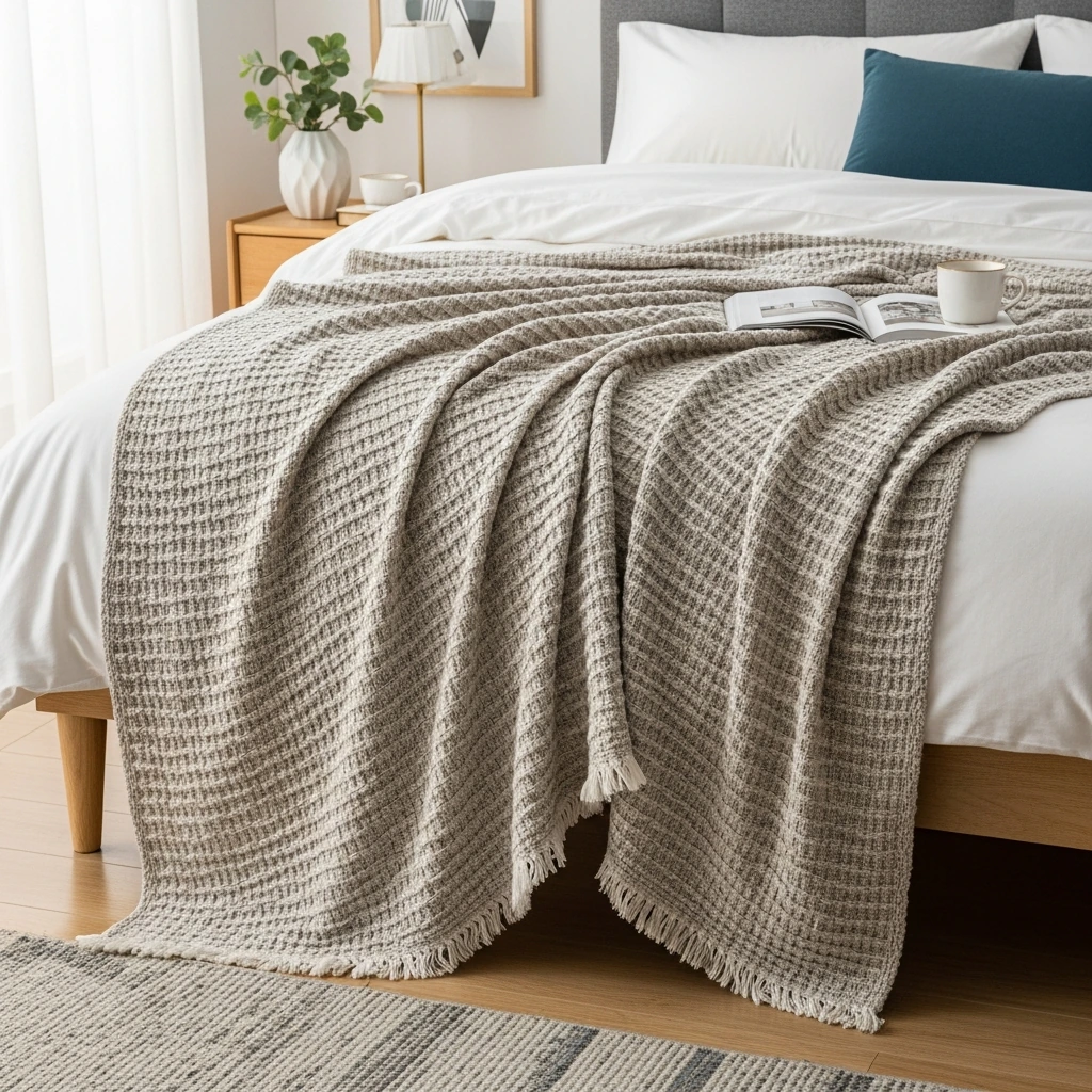 A cozy, oversized throw blanket made of a chunky waffle-knit cotton is artfully draped over the corner of the bed. The blanket is a deep, earthy sage green, providing a subtle pop of color and a rich, inviting texture against the crisp white duvet.