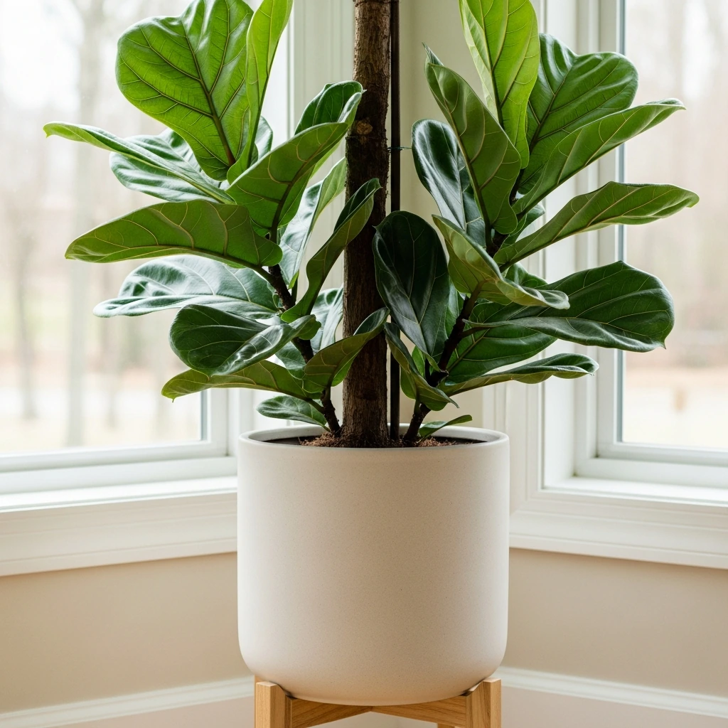 In a sunlit corner, a tall Fiddle Leaf Fig plant with large, vibrant green leaves stands in a simple, cylindrical ceramic planter. The planter is a matte, bone-white color and is elevated slightly off the floor by a discreet, light wood stand.