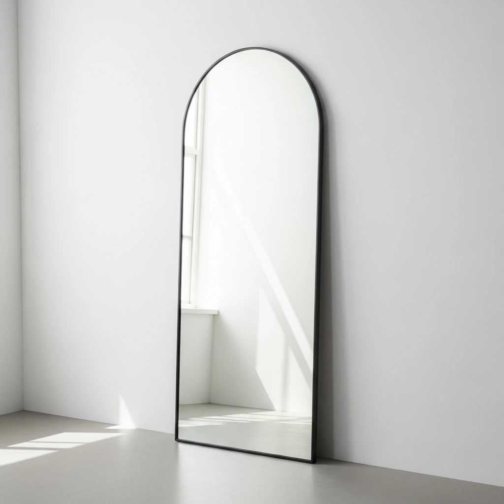 Leaning against a bare wall is a full-length, arch-topped mirror with a very thin, minimalist black metal frame. Its clean lines and reflective surface create an illusion of a larger, brighter space while adding a touch of modern elegance.