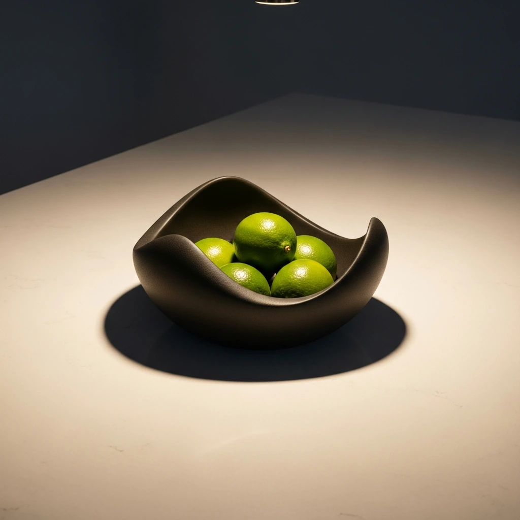 A sculptural, matte black ceramic fruit bowl with an organic, asymmetrical shape, resting on a stark white quartz kitchen island. The bowl holds a small, artfully arranged cluster of vibrant green limes. The scene is illuminated by a single, warm spotlight from above, creating soft, dramatic shadows on the pristine countertop.