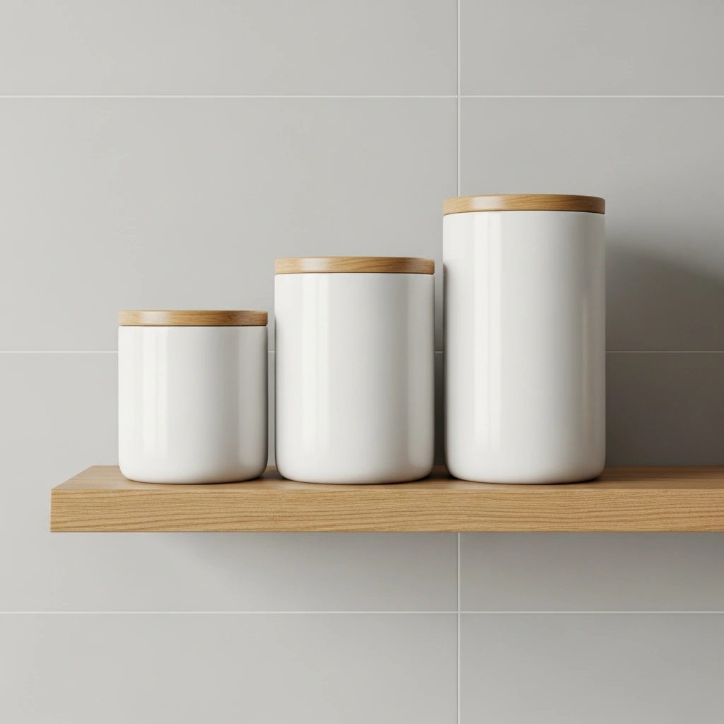 A set of three minimalist cylindrical canisters of varying heights lined up perfectly on a light oak floating shelf. The canisters are made of smooth, matte white ceramic with simple, flat-lidded tops made of matching light oak. They have no labels, creating a clean, uniform look against a seamless, light gray tiled backsplash.
