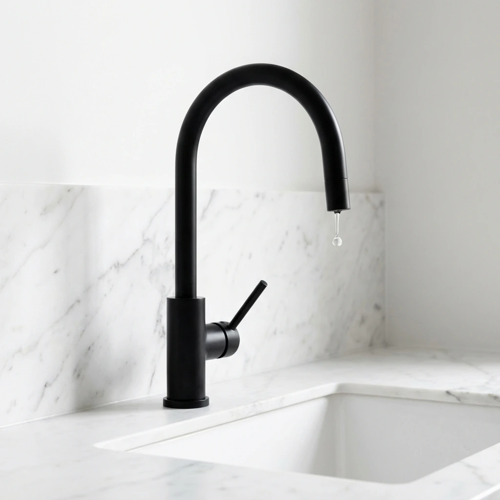 An ultra-modern, gooseneck kitchen faucet in a striking matte black finish, standing as a solitary sculpture against a white marble countertop and backsplash. The faucet has a single, sleek lever and is positioned over an integrated, seamless sink. A single, perfect drop of water is suspended from the spout.