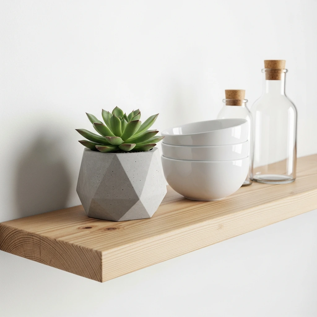 A single floating shelf made from a thick piece of pale, reclaimed wood mounted on a plain, off-white wall. On the shelf, a curated arrangement sits in balanced asymmetry: a small, vibrant green succulent in a simple grey concrete pot, a neat stack of three white ceramic bowls, and a single, clear glass bottle with a cork stopper.