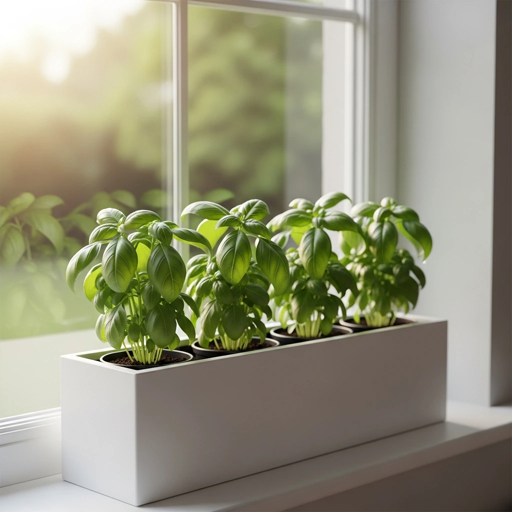 A long, rectangular windowsill planter box made of smooth, white composite material, holding a neat row of lush, green basil plants. The planter is set against a large, frameless picture window that floods the minimalist kitchen with soft, natural morning light, making the basil leaves almost translucent.