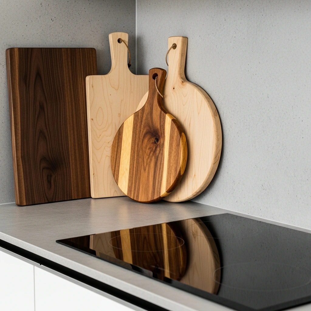 A collection of three wooden cutting boards in different shapes and warm wood tones—one dark walnut, one light maple, one medium acacia—leaning against a textured, concrete-finish backsplash behind a sleek induction cooktop. The arrangement is casual yet deliberate, highlighting the natural grain and texture of the wood as a piece of functional art.