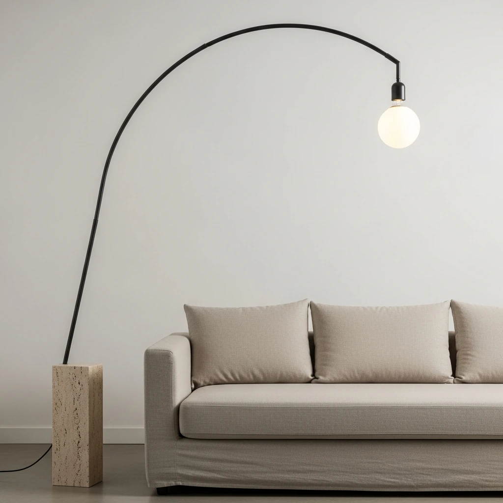 A sculptural, arched floor lamp with a matte black metal finish and a solid travertine stone base. The lamp curves gracefully over a low-profile linen sofa, culminating in a simple, exposed globe bulb that emits a warm, soft light, creating a focused pool of ambiance in an otherwise brightly lit room.