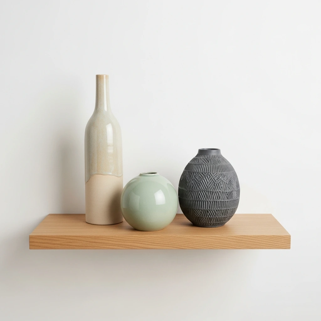 A set of three asymmetrical, handcrafted ceramic vases on a floating light oak shelf. One is a tall, slender bottle shape in a sandy beige glaze; another is a short, spherical form in a muted sage green; the third is a medium-sized, textured charcoal grey piece. They are arranged with deliberate space between them and are completely empty, celebrating their form and texture.