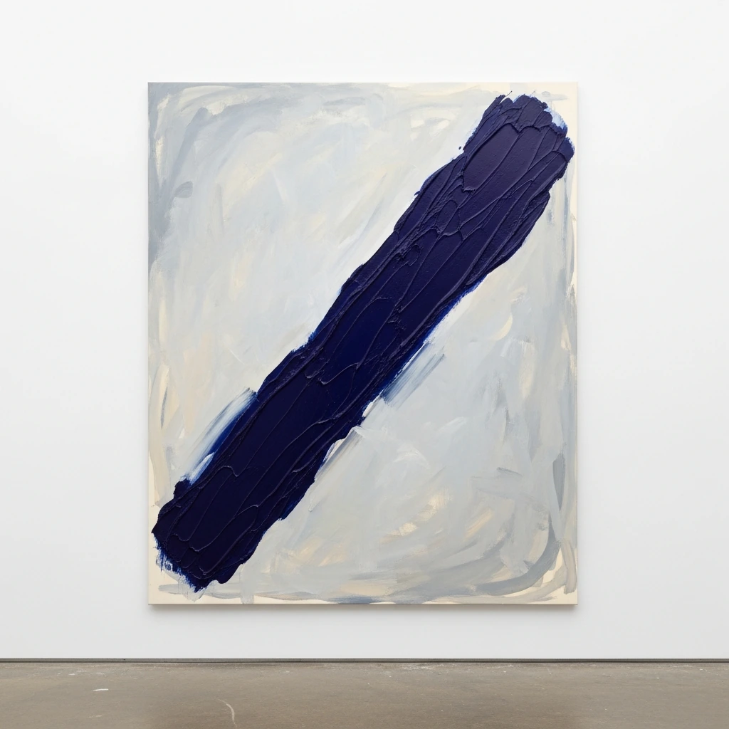 A large, minimalist abstract painting on a gallery-wrapped canvas hanging on a plain white wall. The composition is simple, featuring a single, thick, textured brushstroke of deep indigo that sweeps diagonally across a background of layered off-white and pale grey tones. The piece is unframed to emphasize its raw texture and simplicity.
