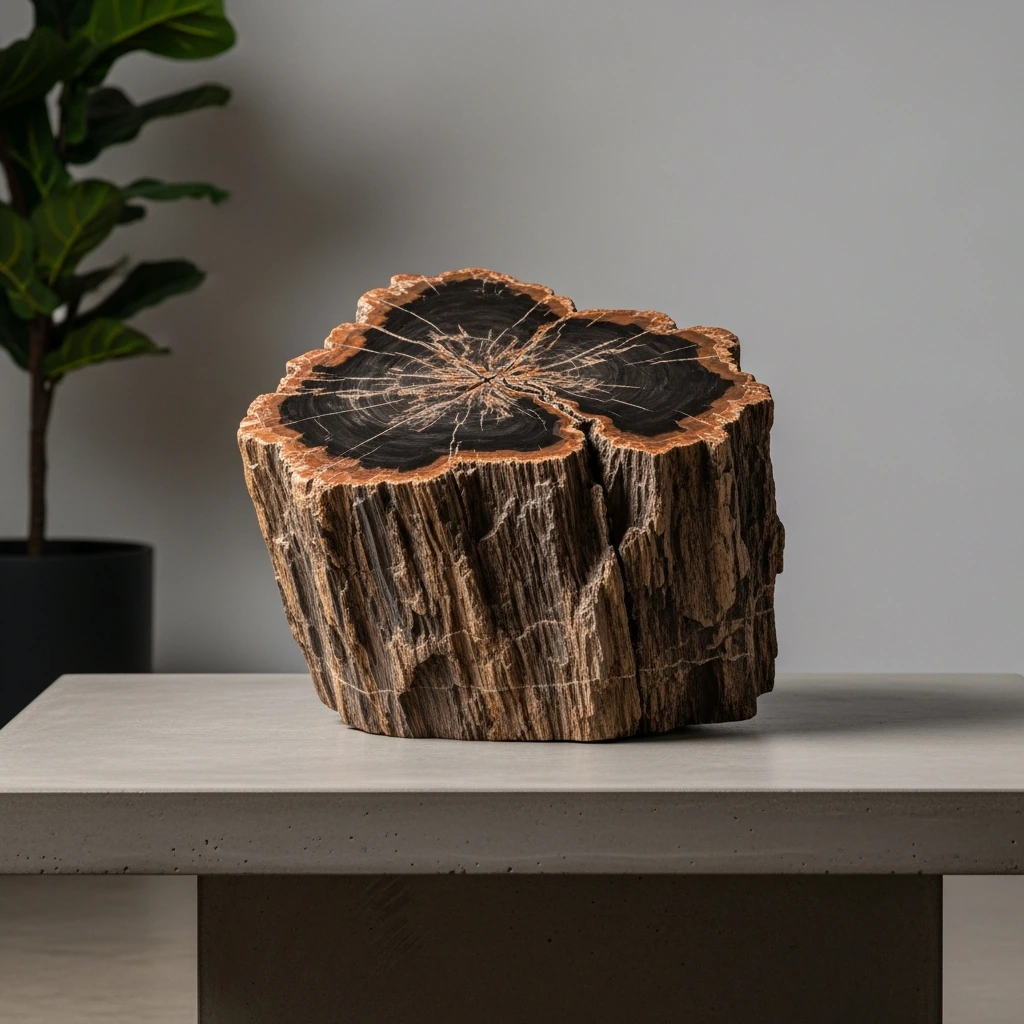 On a low, concrete coffee table, a single piece of dark, petrified wood is displayed as a centerpiece. Its surface is polished smooth in some areas and ruggedly natural in others, showcasing intricate organic patterns and a rich, dark brown color. It sits directly on the concrete surface with no other objects nearby.