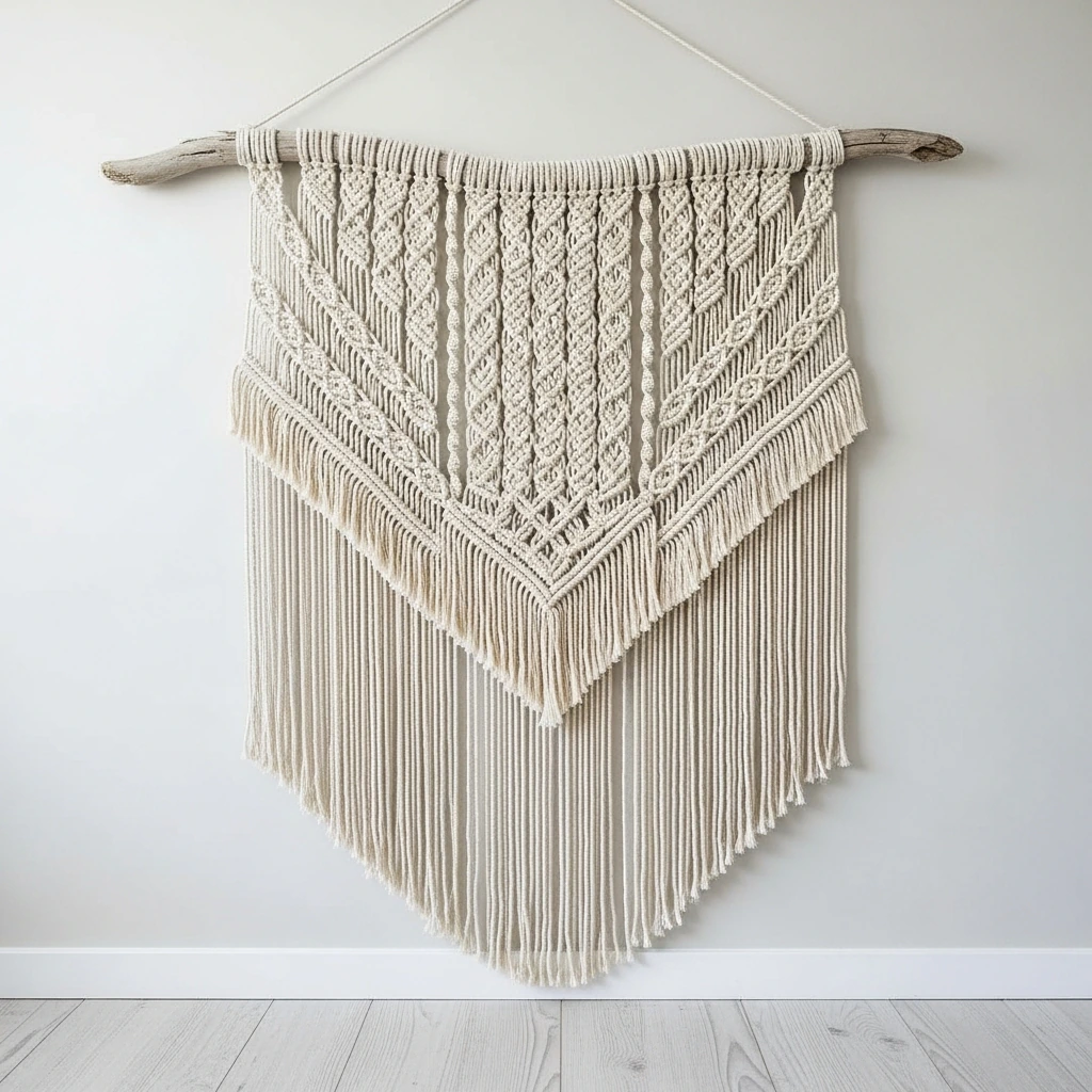 A large, hand-woven macrame wall hanging made from thick, natural, un-dyed cotton rope. It hangs from a smooth, sun-bleached driftwood branch and features a simple geometric pattern of lines and knots, with a long, heavy fringe at the bottom that gently skims the light wood floor.