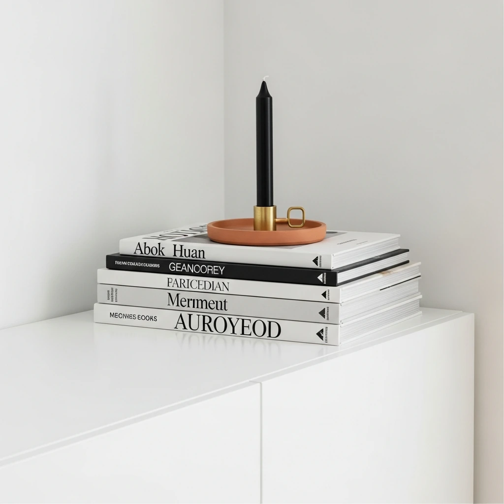A curated stack of five hardcover art books with minimalist, typography-focused spines in shades of white, black, and grey, placed on the corner of a built-in white media console. Resting on top of the stack is a small, round, unglazed terracotta tray holding a single black candle in a simple brass holder.