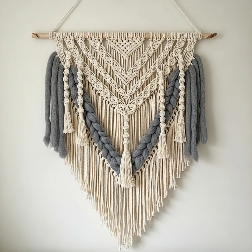 A large, hand-woven macrame wall hanging above a low-profile bed. It's made from thick, un-dyed natural cotton rope and chunky merino wool in a soft grey. The design features a mix of tight geometric knots and loose, flowing braids, all suspended from a smooth, light birch wood dowel. The bottom edge is finished with a long, V-shaped fringe that adds texture and softness to the plain, off-white wall behind it.