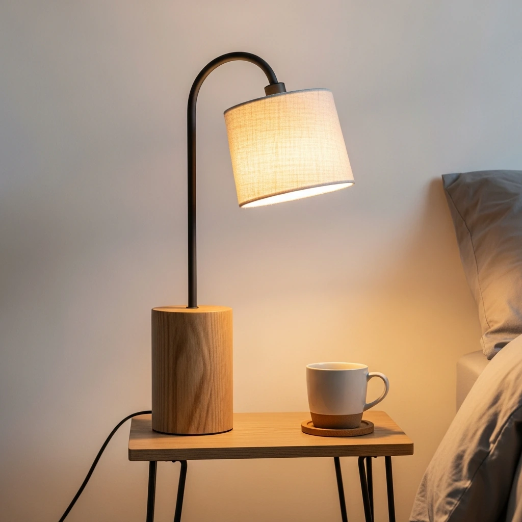 A minimalist bedside table lamp with a solid, cylindrical base crafted from light oak with a visible, natural grain. A slender, gooseneck arm in matte black metal extends upwards, holding a simple drum-shaped lampshade made of textured, cream-colored linen. When lit, it casts a warm, diffuse glow, perfect for creating a cozy, hygge atmosphere. The lamp sits on a simple, leggy nightstand next to a single ceramic mug.