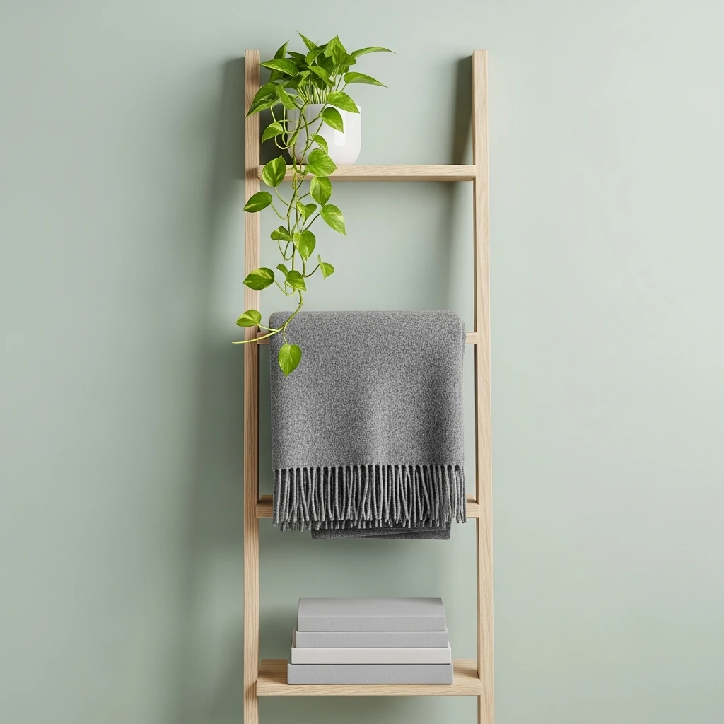 A decorative leaning ladder shelf made from pale, unfinished ash wood. It stands against a soft sage green wall. On the top rung, a small, trailing pothos plant spills from a simple white ceramic pot. A plush, charcoal grey wool blanket is casually draped over a middle rung, while the bottom rung holds a stack of three hardcover books with minimalist, monochromatic spines.