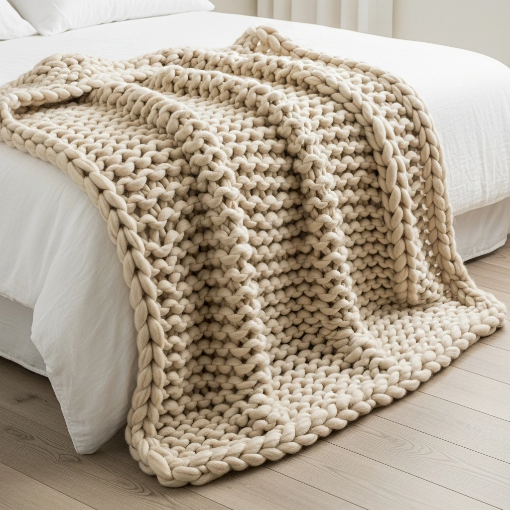 An oversized, super chunky knit throw blanket, hand-knitted from thick merino wool yarn in a warm oatmeal beige color. The stitches are exaggeratedly large, creating a deeply textured, plush surface. The blanket is artfully draped across the corner of a bed made with crisp, white linen sheets, with one end cascading onto the wide-plank, light wood floor.