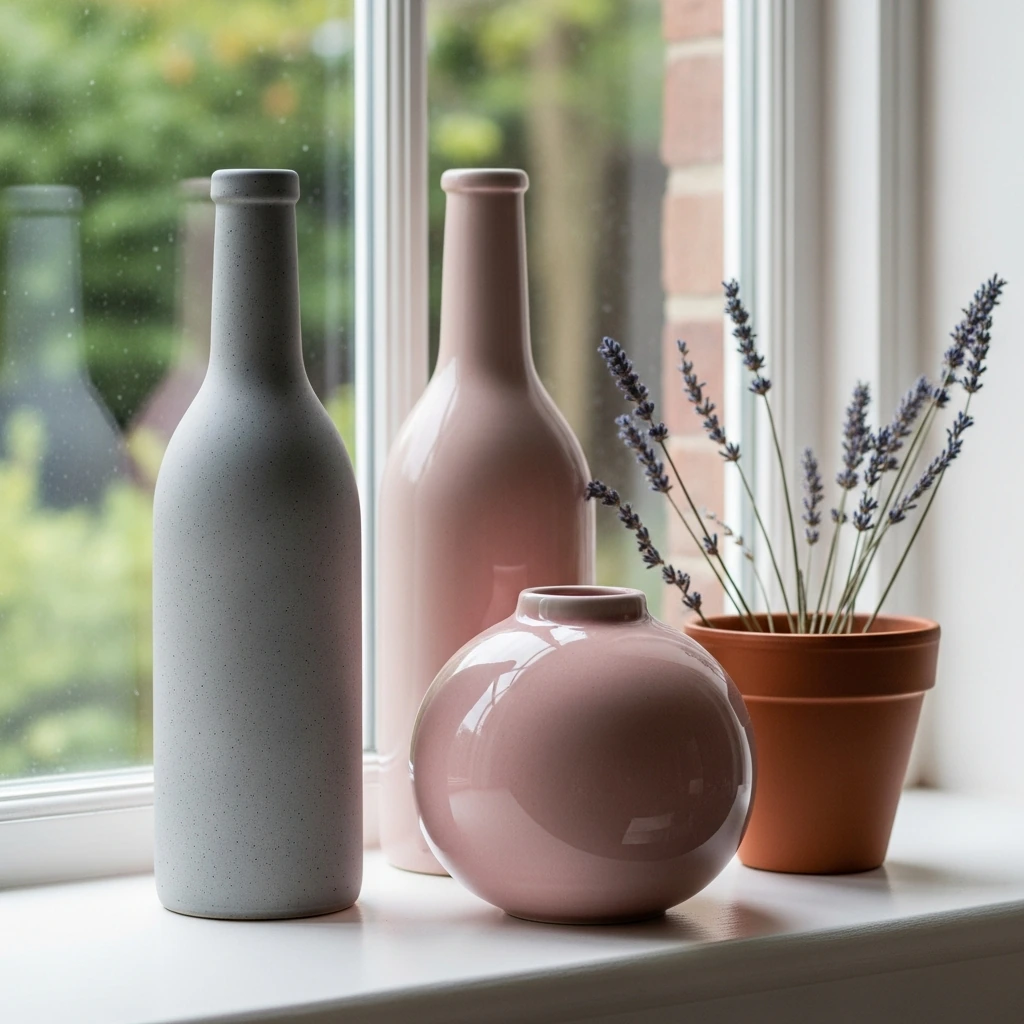 A set of three mismatched ceramic vases arranged on a wide, light wood windowsill. The tallest is a slender bottle shape with a matte, speckled grey finish. The middle is a stout, round vase in a muted blush pink with a glossy glaze. The smallest is a simple, unglazed terracotta pot. One vase holds a few delicate sprigs of dried lavender, and soft morning light filters through the window, highlighting their different textures and shapes.