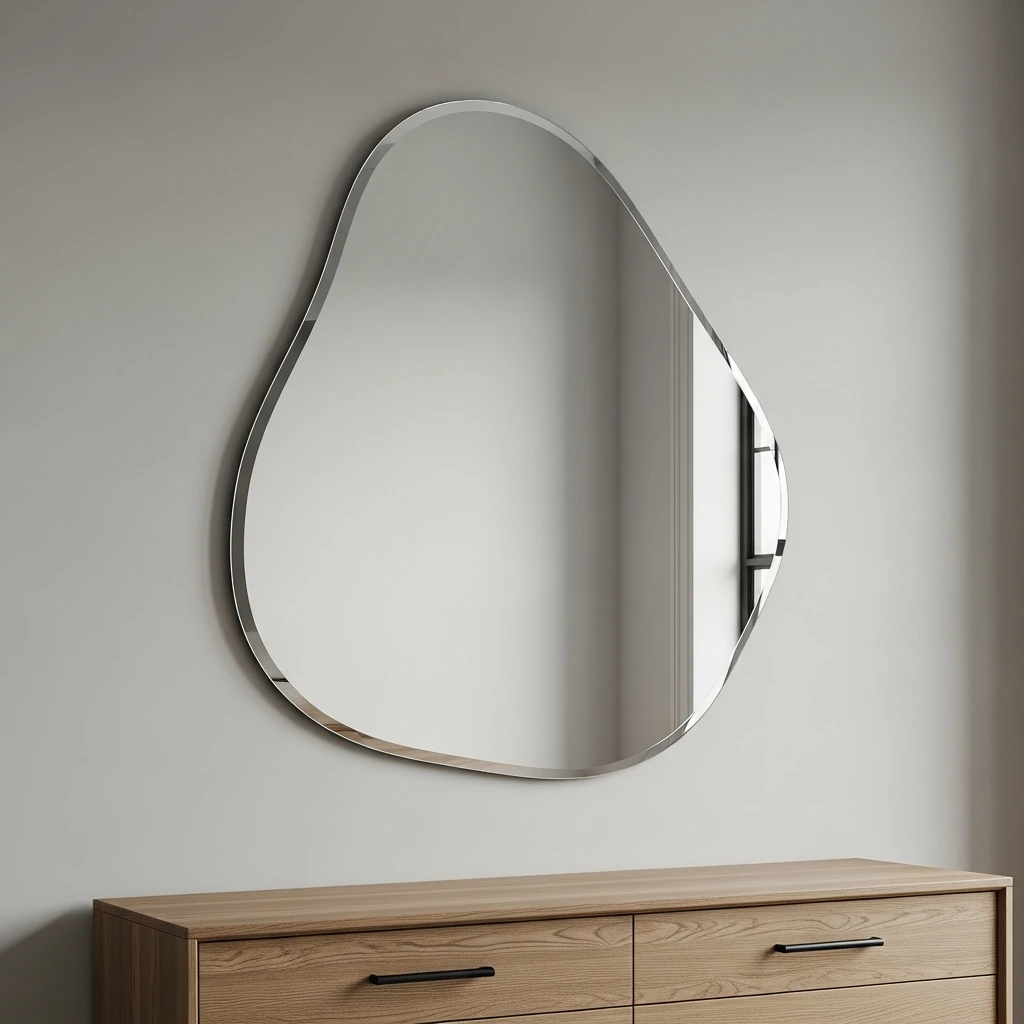 A large, frameless, organically shaped wall mirror, reminiscent of a smooth pebble. It has polished, beveled edges and is mounted on a plain, light grey wall. Its irregular, asymmetrical form acts as a piece of fluid art, reflecting the natural light from a nearby window and making the space feel larger and brighter. It hangs above a simple wooden dresser with minimalist black metal handles.
