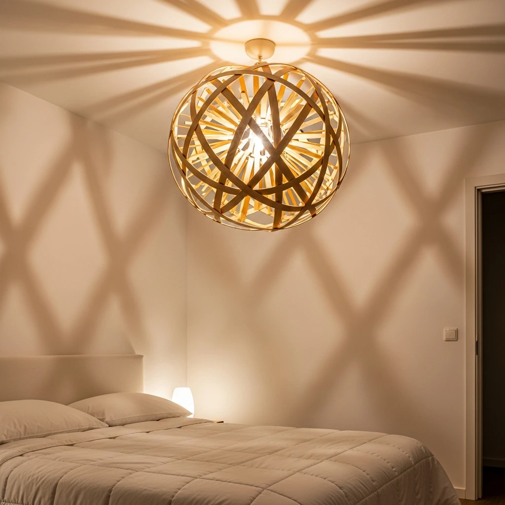 A large, sculptural pendant light made of interwoven, thin strips of natural birch wood, forming an organic, globe-like shape. It hangs low over a bed with crisp white linen duvet, casting a warm, diffused golden glow throughout the serene bedroom, highlighting the soft textures of the room.
