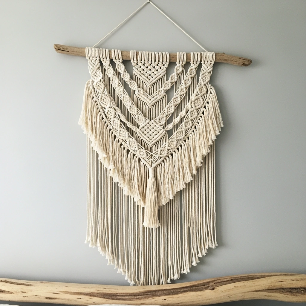 A hand-woven macrame wall hanging centered above a low-profile oak headboard. The piece is made from thick, off-white cotton rope, featuring intricate geometric knots and a long, flowing fringe. It hangs from a smooth, light-colored driftwood branch, creating a soft, tactile focal point against a pale grey wall.