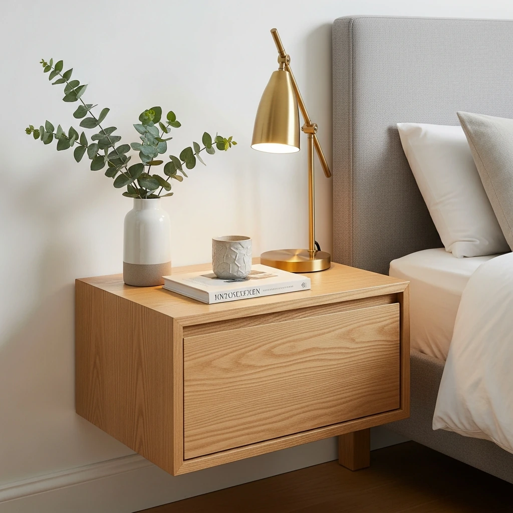 A minimalist floating nightstand crafted from a single piece of light oak with a matte finish and a seamless drawer. On its surface sits a small, cylindrical ceramic vase with a single eucalyptus sprig, alongside a slim book and a modern brass table lamp with an exposed Edison bulb casting a warm, gentle light.