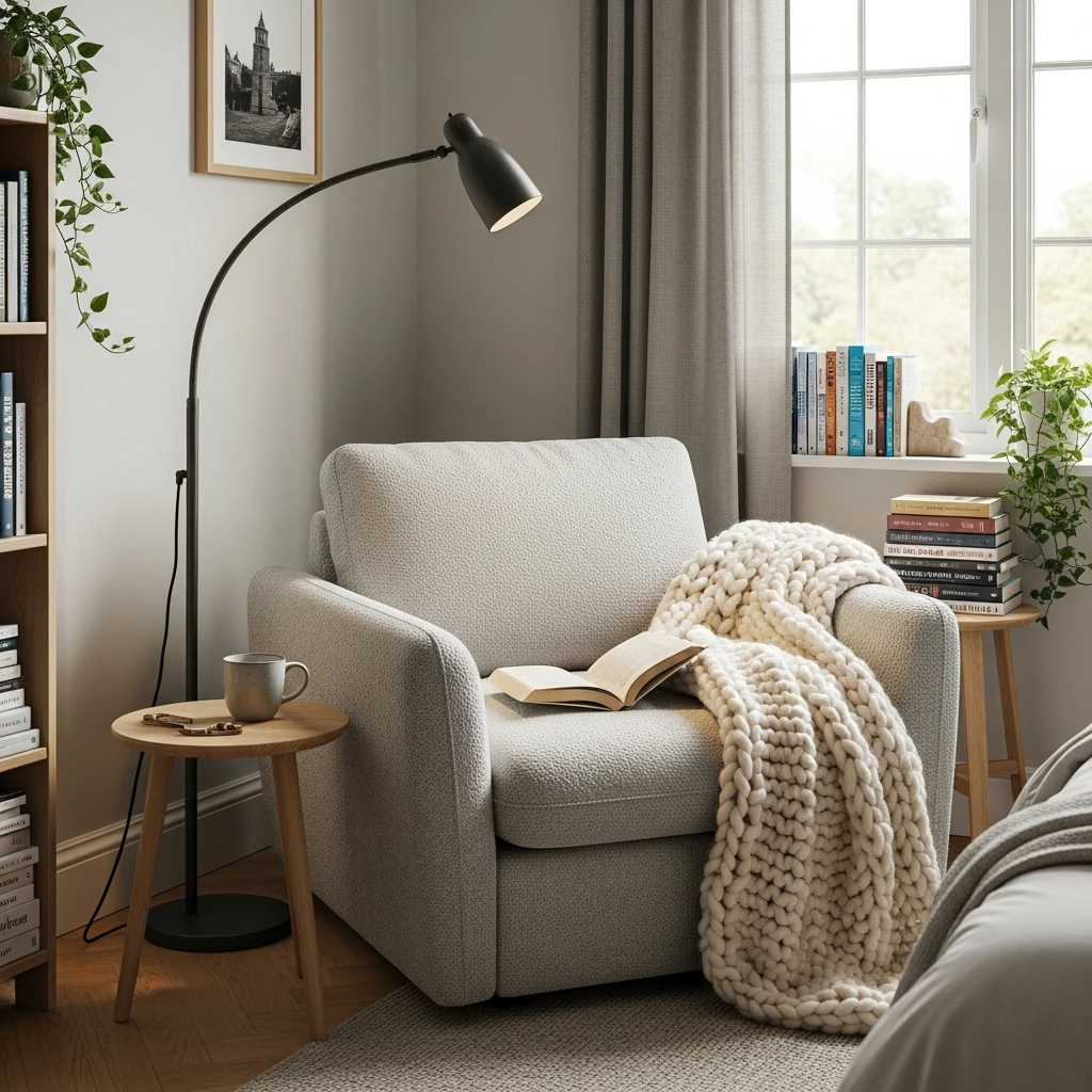 A cozy reading nook in the corner of the bedroom, featuring a wide, comfortable armchair upholstered in a soft, light grey boucle fabric. A chunky-knit cream-colored wool blanket is draped over its arm, and a slender, matte black floor lamp arches over it. A small, round wooden side table holds a steaming ceramic mug.