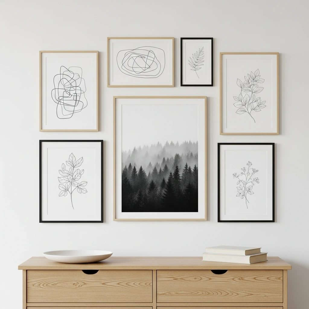 An asymmetrically arranged gallery wall above a simple wooden dresser. It consists of six pieces in thin, light wood and black metal frames of varying sizes. The art includes abstract line drawings, a monochrome photograph of a misty forest, and delicate botanical sketches, creating a personal yet cohesive and uncluttered look.